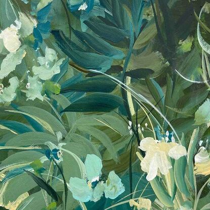 small A4 sized green and blue tropical rainforest landscape original painting