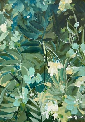 small A4 sized green and blue tropical rainforest landscape original painting