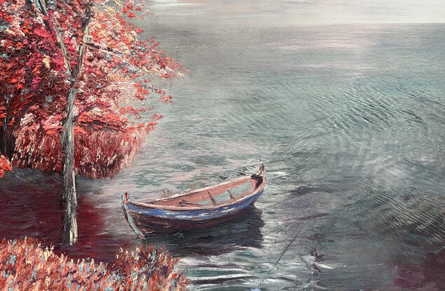 Lake, Trees, Red Leaves, Boat