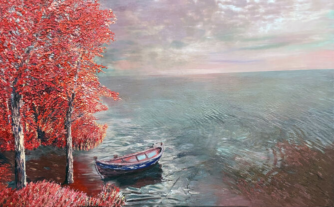 Lake, Trees, Red Leaves, Boat