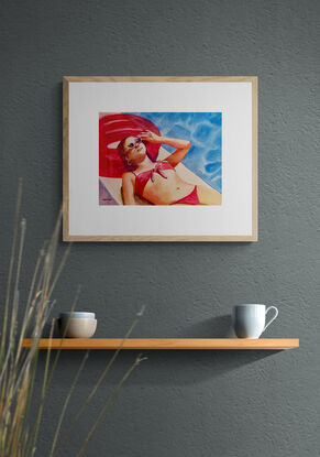 artwork showing a women in a bikini resting her head on a floatie by the pool