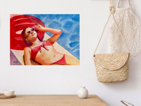 artwork showing a women in a bikini resting her head on a floatie by the pool