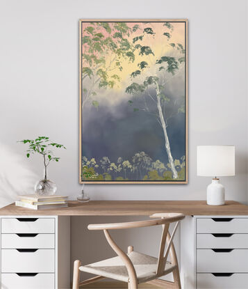 Illumination Evening Pink and Peach by Meredith Howse is a captivating artwork inspired by the awe-inspiring beauty of a distant summer storm. Capturing the essence of nature, particularly the grandeur and majesty of towering trees.  Bring nature into your home.