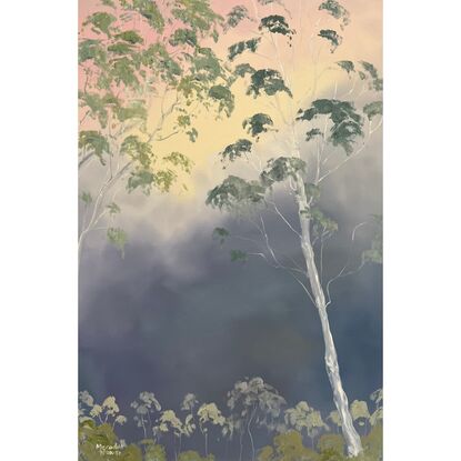 Illumination Evening Pink and Peach by Meredith Howse is a captivating artwork inspired by the awe-inspiring beauty of a distant summer storm. Capturing the essence of nature, particularly the grandeur and majesty of towering trees.  Bring nature into your home.