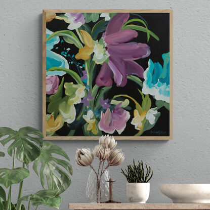 colourful blue and purple flower painting with a black background in a modern expressionist style