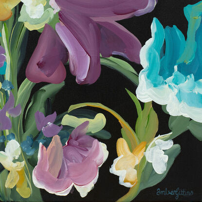 colourful blue and purple flower painting with a black background in a modern expressionist style