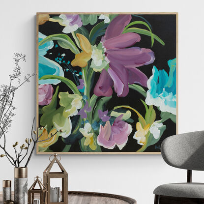 colourful blue and purple flower painting with a black background in a modern expressionist style