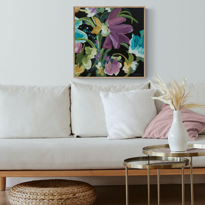 colourful blue and purple flower painting with a black background in a modern expressionist style