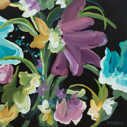 colourful blue and purple flower painting with a black background in a modern expressionist style