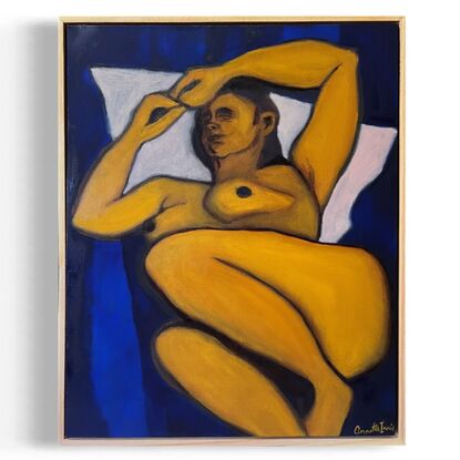 A woman painted in shades of ochre and yellow lying down asleep with a contrasting background of deep blue.