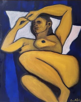 A woman painted in shades of ochre and yellow lying down asleep with a contrasting background of deep blue.