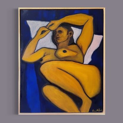 A woman painted in shades of ochre and yellow lying down asleep with a contrasting background of deep blue.