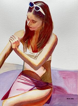 artwork showing a women in a bikini smoothing cream into her skin