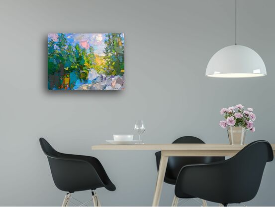 The painting showcases beautiful sunset skies over a forest and is perfect for those who appreciate the beauty of evening scenery.