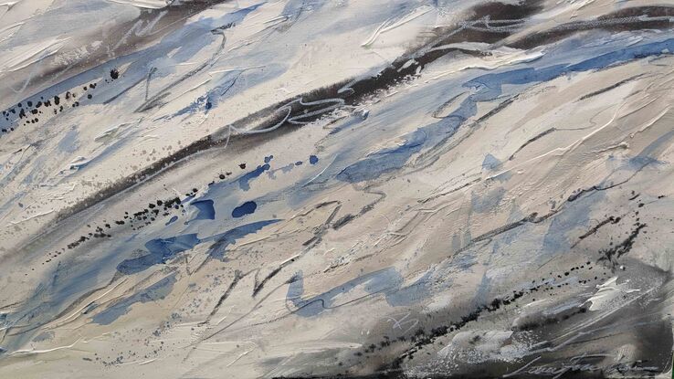 A large abstract artwork painted in shades of light blue, grey and silver depicting the Snowy Mountains.