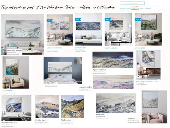 A large abstract artwork painted in shades of light blue, grey and silver depicting the Snowy Mountains.