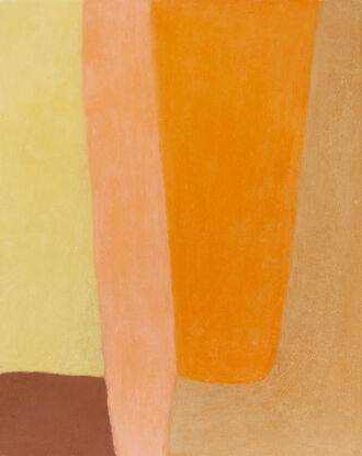 Long abstract shapes run down the canvas in light pink, gold ochre, medium orange and brown ochres, in an abstract composition that lines each colour next to each other.