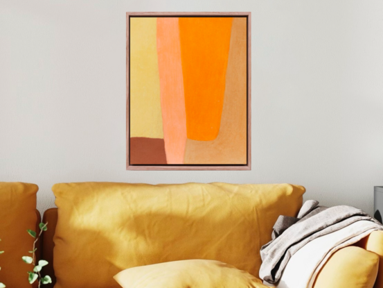 Long abstract shapes run down the canvas in light pink, gold ochre, medium orange and brown ochres, in an abstract composition that lines each colour next to each other.