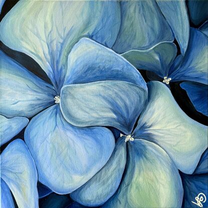 Turquoise blue and sea green hydrangeas covering the entire surface of the canvas and wrapping around the edges