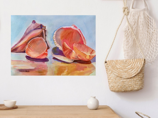 artwork showing a close up group of seashells on wet sand