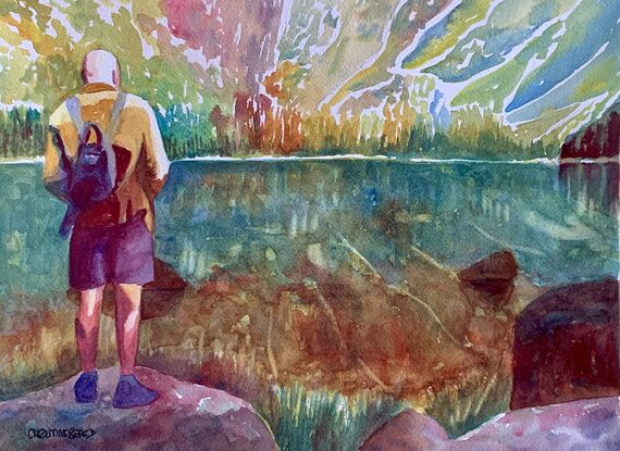 artwork showing a man looking at distant mountains across a mirror lake