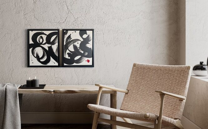 Inspired by Japanese Calligraphy, using only black acrylic paint and ink, with red symbolising the area where a stamp would traditionally be used with the artist’s name. 