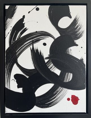 Inspired by Japanese Calligraphy, using only black acrylic paint and ink, with red symbolising the area where a stamp would traditionally be used with the artist’s name. 