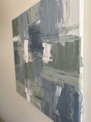 Abstract with dusty blues and greens. Acrylic with palette and brush. 