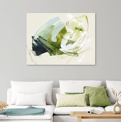 Large strokes of layered colours, grey, blue, green and mustard over a cream background with soft washes of yellow and green.