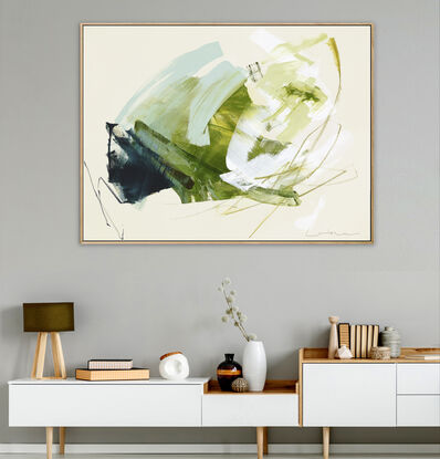 Large strokes of layered colours, grey, blue, green and mustard over a cream background with soft washes of yellow and green.