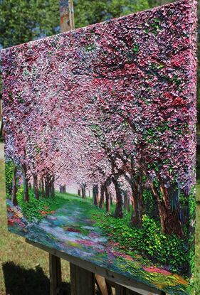 trail, pathway, forest, pink flowers, pink leaves, cherry blossoms