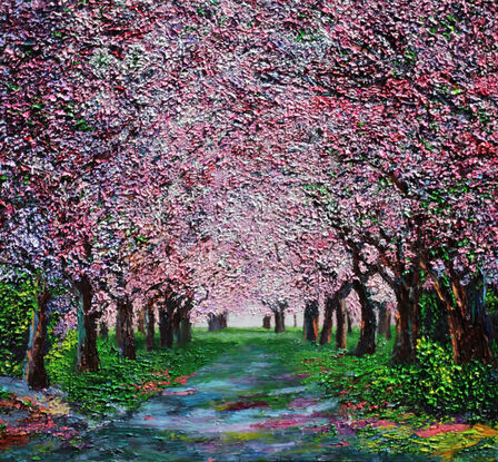 trail, pathway, forest, pink flowers, pink leaves, cherry blossoms