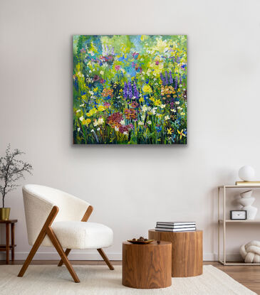 Soft green grasses and leaves, splashes of reds, orange, yellow and mauve as colours riot through this corner of the garden. It’s happy, its a celebration of nature and can set you off in a dreamy way as you are comforted by the colours and movement in this impressionist piece. 