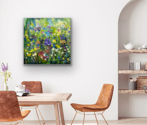 Soft green grasses and leaves, splashes of reds, orange, yellow and mauve as colours riot through this corner of the garden. It’s happy, its a celebration of nature and can set you off in a dreamy way as you are comforted by the colours and movement in this impressionist piece. 