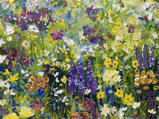 Soft green grasses and leaves, splashes of reds, orange, yellow and mauve as colours riot through this corner of the garden. It’s happy, its a celebration of nature and can set you off in a dreamy way as you are comforted by the colours and movement in this impressionist piece. 