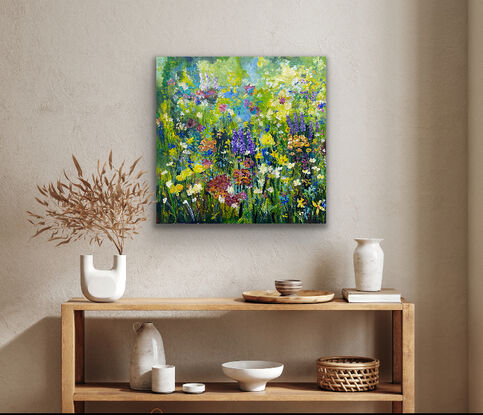 Soft green grasses and leaves, splashes of reds, orange, yellow and mauve as colours riot through this corner of the garden. It’s happy, its a celebration of nature and can set you off in a dreamy way as you are comforted by the colours and movement in this impressionist piece. 