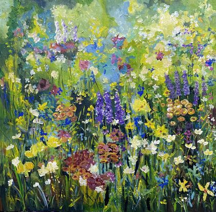 Soft green grasses and leaves, splashes of reds, orange, yellow and mauve as colours riot through this corner of the garden. It’s happy, its a celebration of nature and can set you off in a dreamy way as you are comforted by the colours and movement in this impressionist piece. 