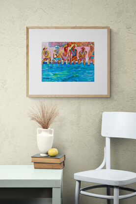 artwork showing a group of friends dangling their legs in a pool whilst chatting to each other