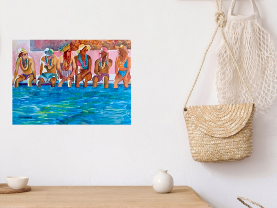 artwork showing a group of friends dangling their legs in a pool whilst chatting to each other