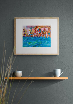 artwork showing a group of friends dangling their legs in a pool whilst chatting to each other