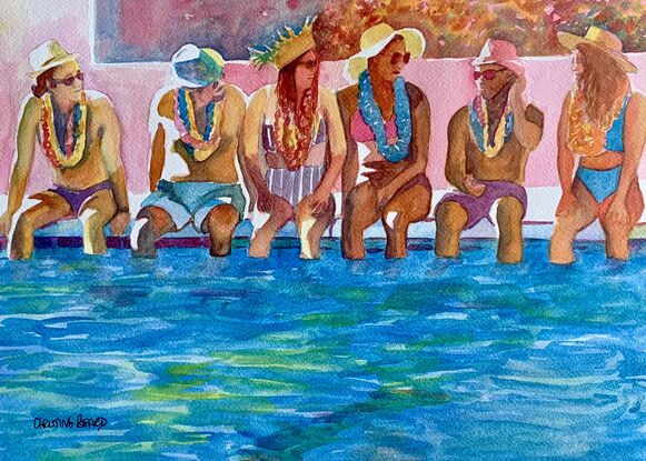 artwork showing a group of friends dangling their legs in a pool whilst chatting to each other