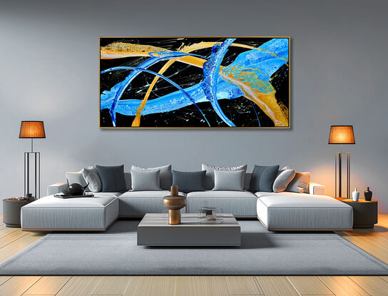 ABSTRACT painting of flowing colours: golds, light golds, and hues of blues. The black background makes the colours stand our even more.
It has incredible depth while evoking a feeling of flow and action. 
The closer you get to the painting the more of the interesting details and patterns you can see. Metallics add an extra depth because the painting changes personality when one views from different angles. the background is a strong deep black which makes the vibrant colours even more vibrant