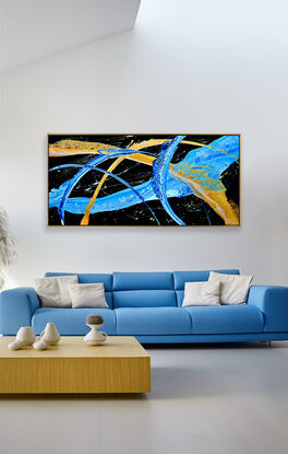 ABSTRACT painting of flowing colours: golds, light golds, and hues of blues. The black background makes the colours stand our even more.
It has incredible depth while evoking a feeling of flow and action. 
The closer you get to the painting the more of the interesting details and patterns you can see. Metallics add an extra depth because the painting changes personality when one views from different angles. the background is a strong deep black which makes the vibrant colours even more vibrant