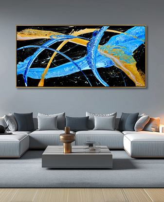 ABSTRACT painting of flowing colours: golds, light golds, and hues of blues. The black background makes the colours stand our even more.
It has incredible depth while evoking a feeling of flow and action. 
The closer you get to the painting the more of the interesting details and patterns you can see. Metallics add an extra depth because the painting changes personality when one views from different angles. the background is a strong deep black which makes the vibrant colours even more vibrant