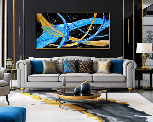 ABSTRACT painting of flowing colours: golds, light golds, and hues of blues. The black background makes the colours stand our even more.
It has incredible depth while evoking a feeling of flow and action. 
The closer you get to the painting the more of the interesting details and patterns you can see. Metallics add an extra depth because the painting changes personality when one views from different angles. the background is a strong deep black which makes the vibrant colours even more vibrant