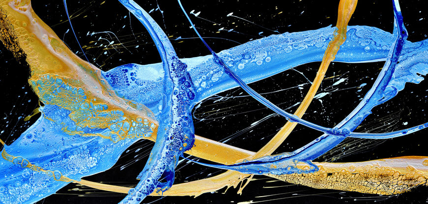 ABSTRACT painting of flowing colours: golds, light golds, and hues of blues. The black background makes the colours stand our even more.
It has incredible depth while evoking a feeling of flow and action. 
The closer you get to the painting the more of the interesting details and patterns you can see. Metallics add an extra depth because the painting changes personality when one views from different angles. the background is a strong deep black which makes the vibrant colours even more vibrant