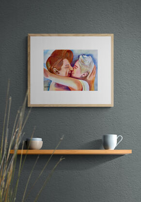 artwork showing a couple embracing and laughing together lying in bed