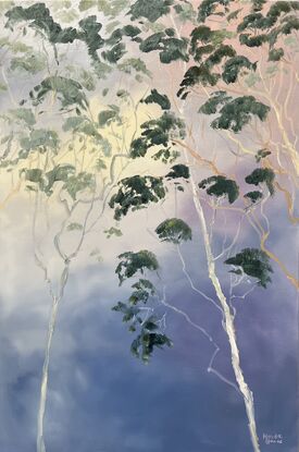 Illumination Towering Trees  by Meredith Howse is a large artwork inspired by the awe-inspiring beauty of a distant summer storm. Capturing the essence of nature, particularly the grandeur and majesty of towering trees.  

