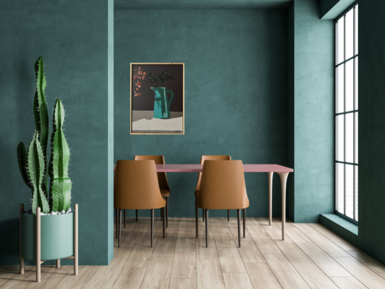 A tall deep aqua coloured vintage jug sits on a sideboard. In it are bare branches with berries light red in colour. They cast a shadow on the jug and the background is a dark grey.