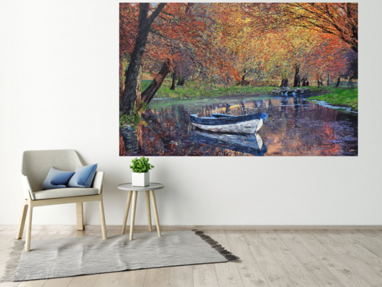 lake, boat, boat on lake, forest, autumn, red leaves